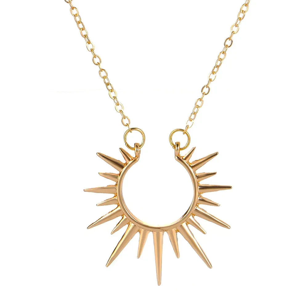 Gold Hollow Geometric Sun Pendant Necklace – Vintage Party Jewelry Gift for Women