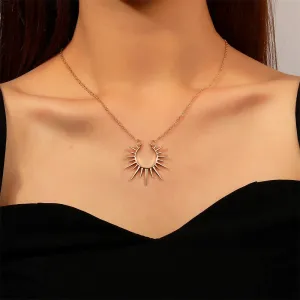 Gold Hollow Geometric Sun Pendant Necklace – Vintage Party Jewelry Gift for Women
