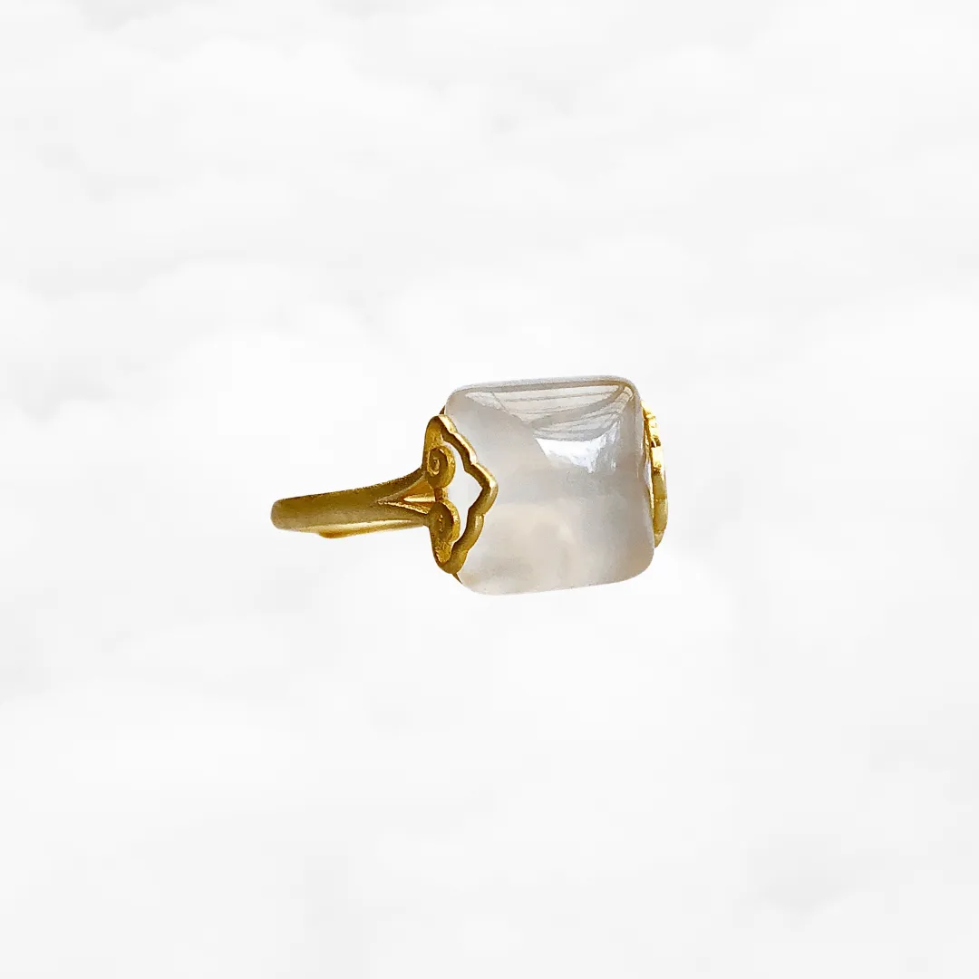 Gold Square White Agate Ring