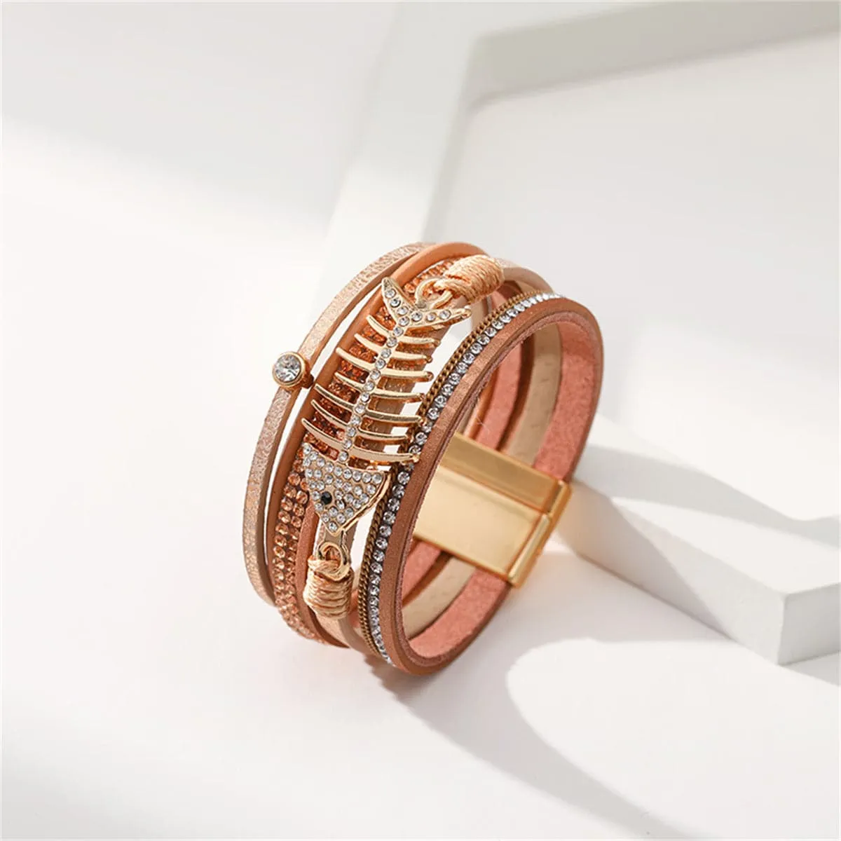 Golden Polystyrene & Cubic Zirconia Fishbone Layered Bracelet