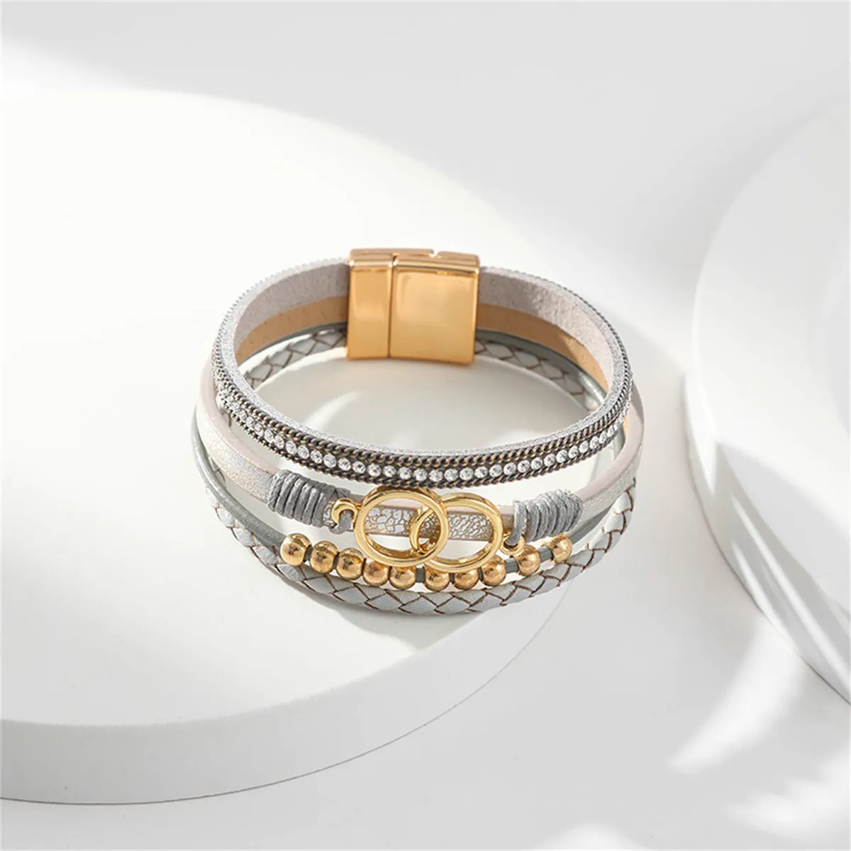 Gray Polystyrene & Cubic Zirconia 18K Gold-Plated Braided Stacked Bracelet