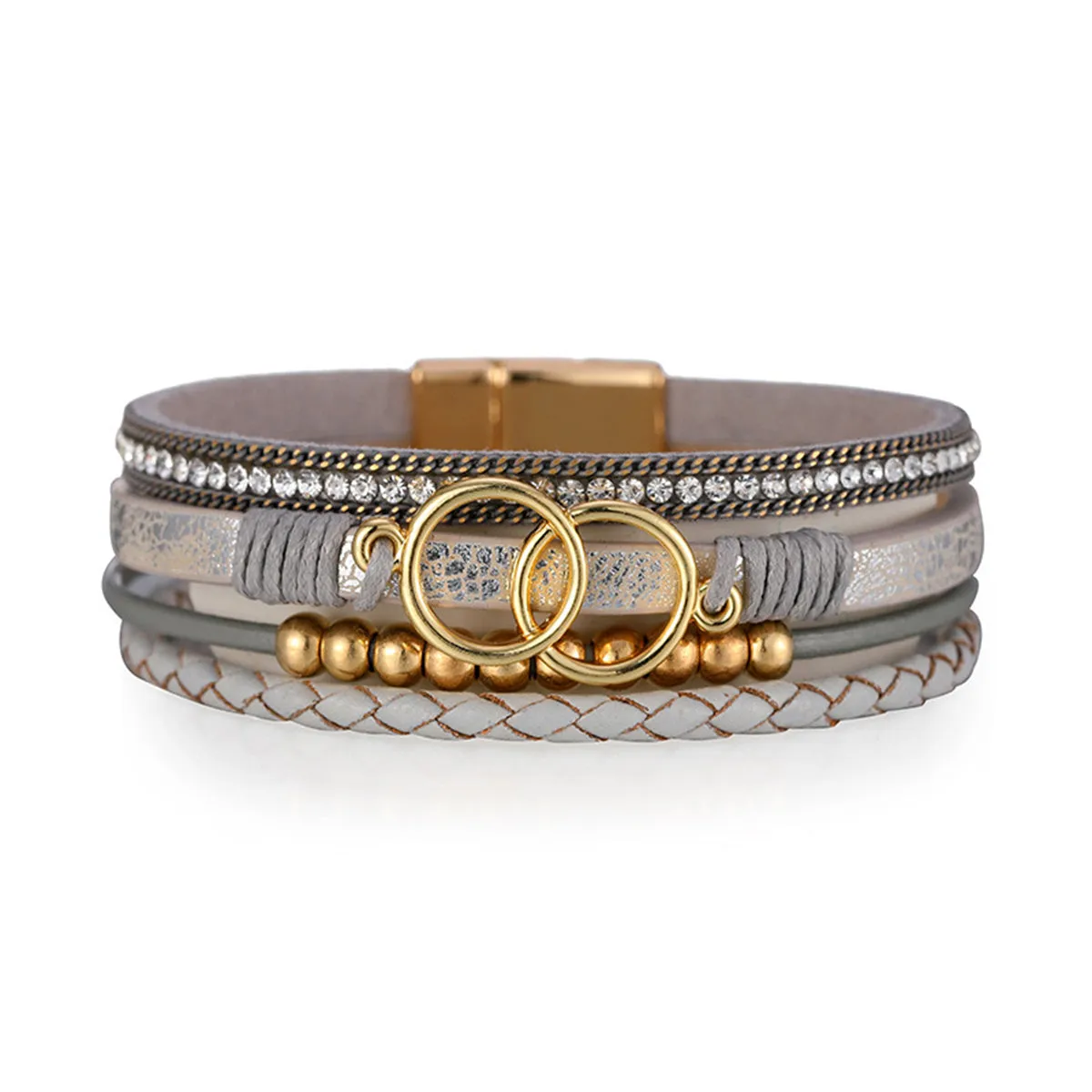 Gray Polystyrene & Cubic Zirconia 18K Gold-Plated Braided Stacked Bracelet