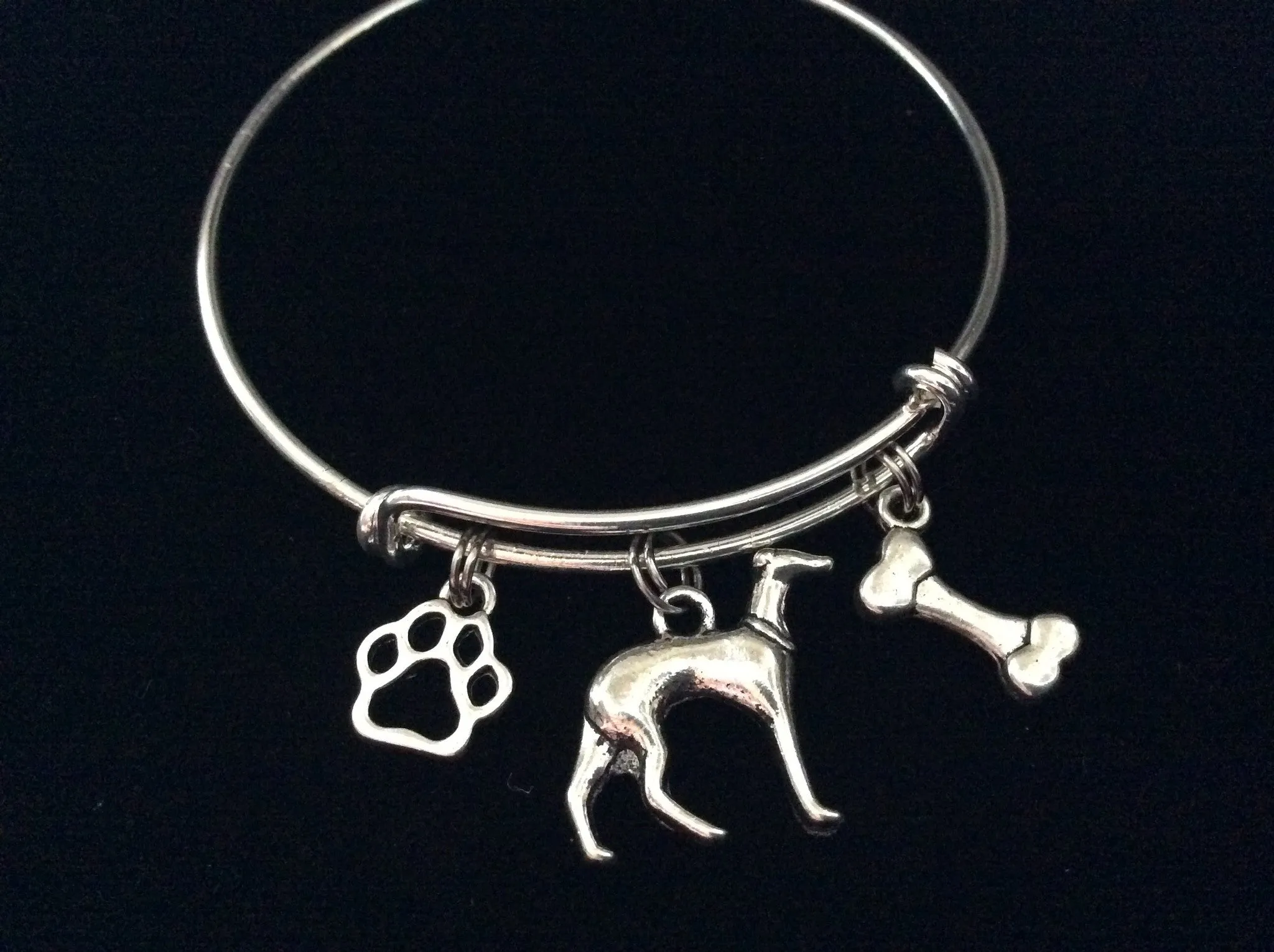 Greyhound 3D Dog Charm on a Silver Expandable Adjustable Bangle Bracelet Meaningful Dog Lover Gift