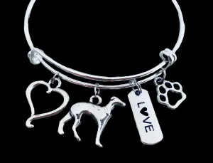 Greyhound Charm Bracelet Silver Expandable Adjustable Bangle Love Paw Print One Size Fits All Jewelry Meaningful Dog Lover Gift