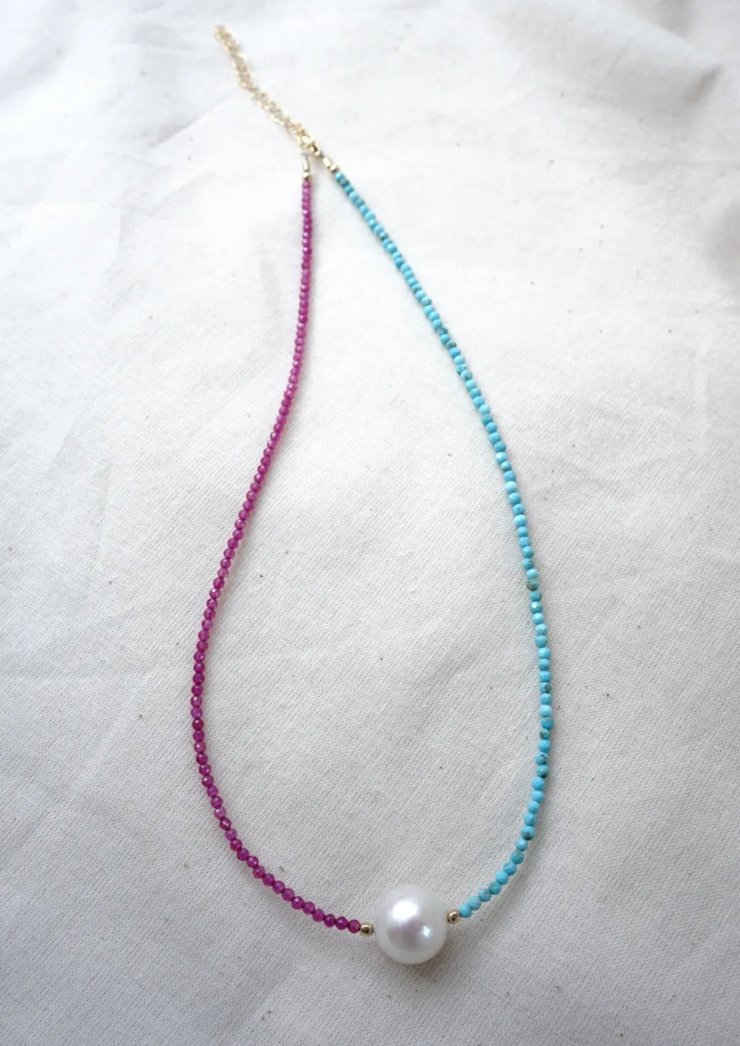 Half Ruby, Half Turquoise & White Pearl Neckalce
