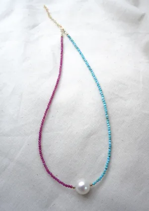 Half Ruby, Half Turquoise & White Pearl Neckalce