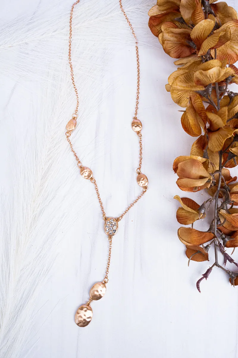 Hammered Goldtone and Crystal Y-Necklace