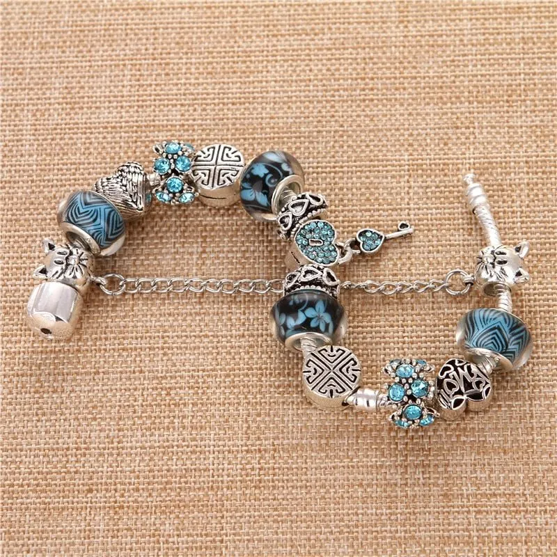 Heart Blue Gem Bangle Bracelet Pendant Charms Elegant Women's Gift