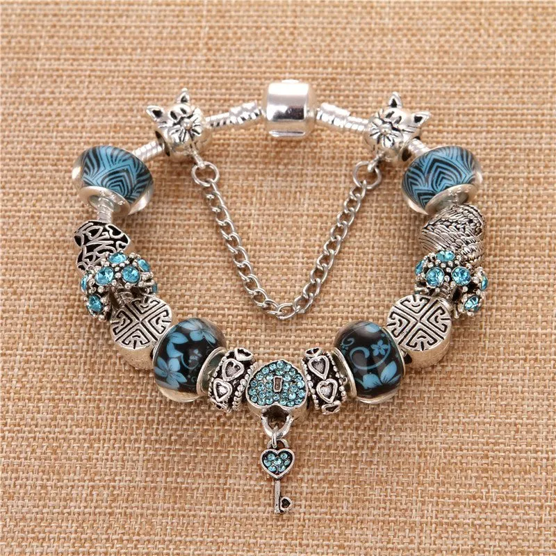 Heart Blue Gem Bangle Bracelet Pendant Charms Elegant Women's Gift