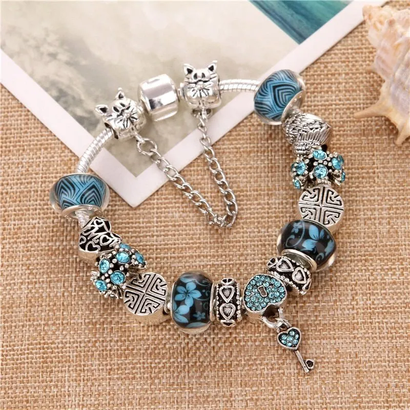 Heart Blue Gem Bangle Bracelet Pendant Charms Elegant Women's Gift