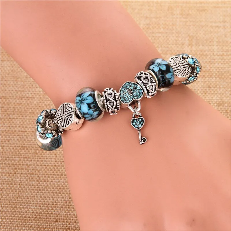 Heart Blue Gem Bangle Bracelet Pendant Charms Elegant Women's Gift