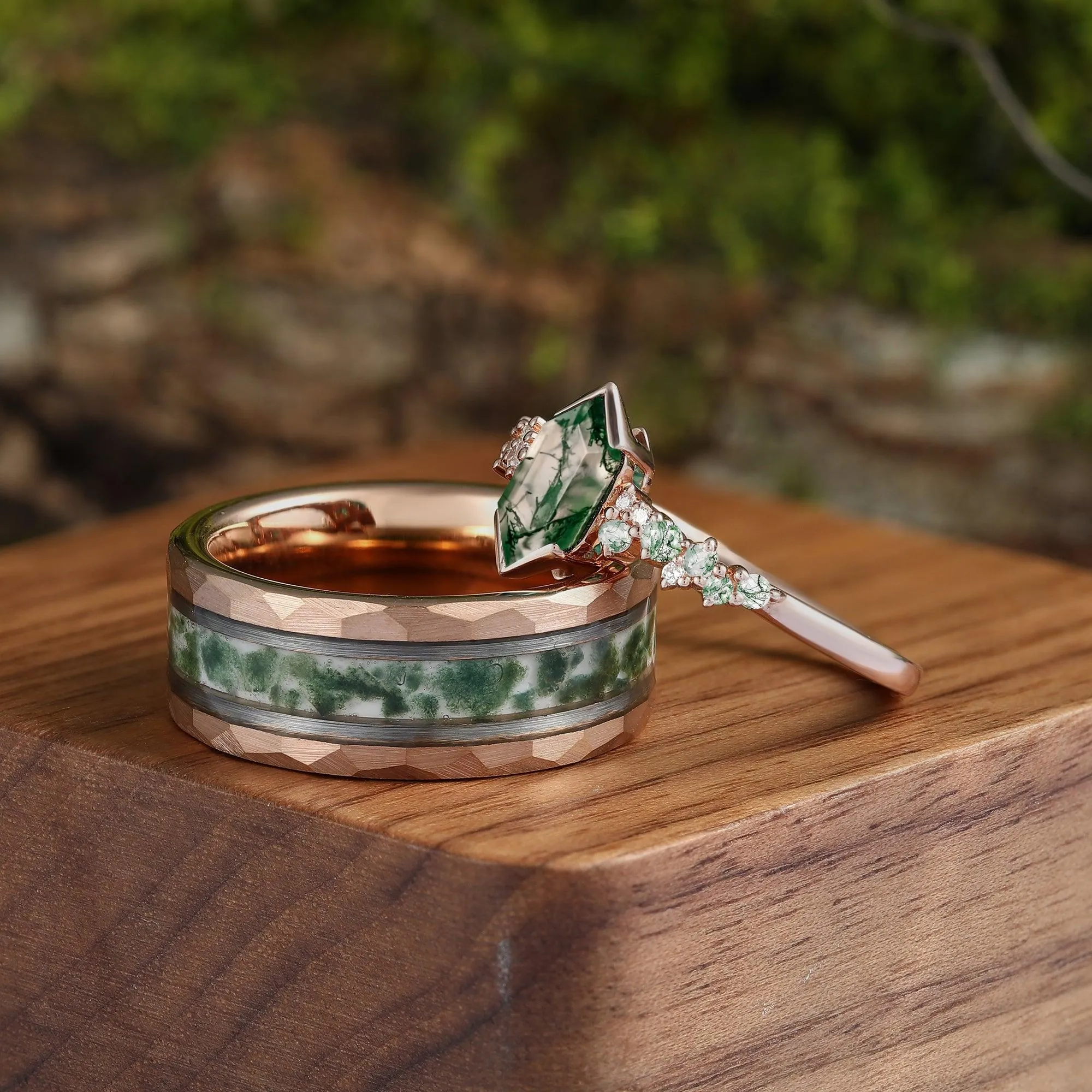 Hexagon Green Moss Agate Couples Ring Set His and Hers Wedding Band Tungsten &Sliver Wedding Gifts