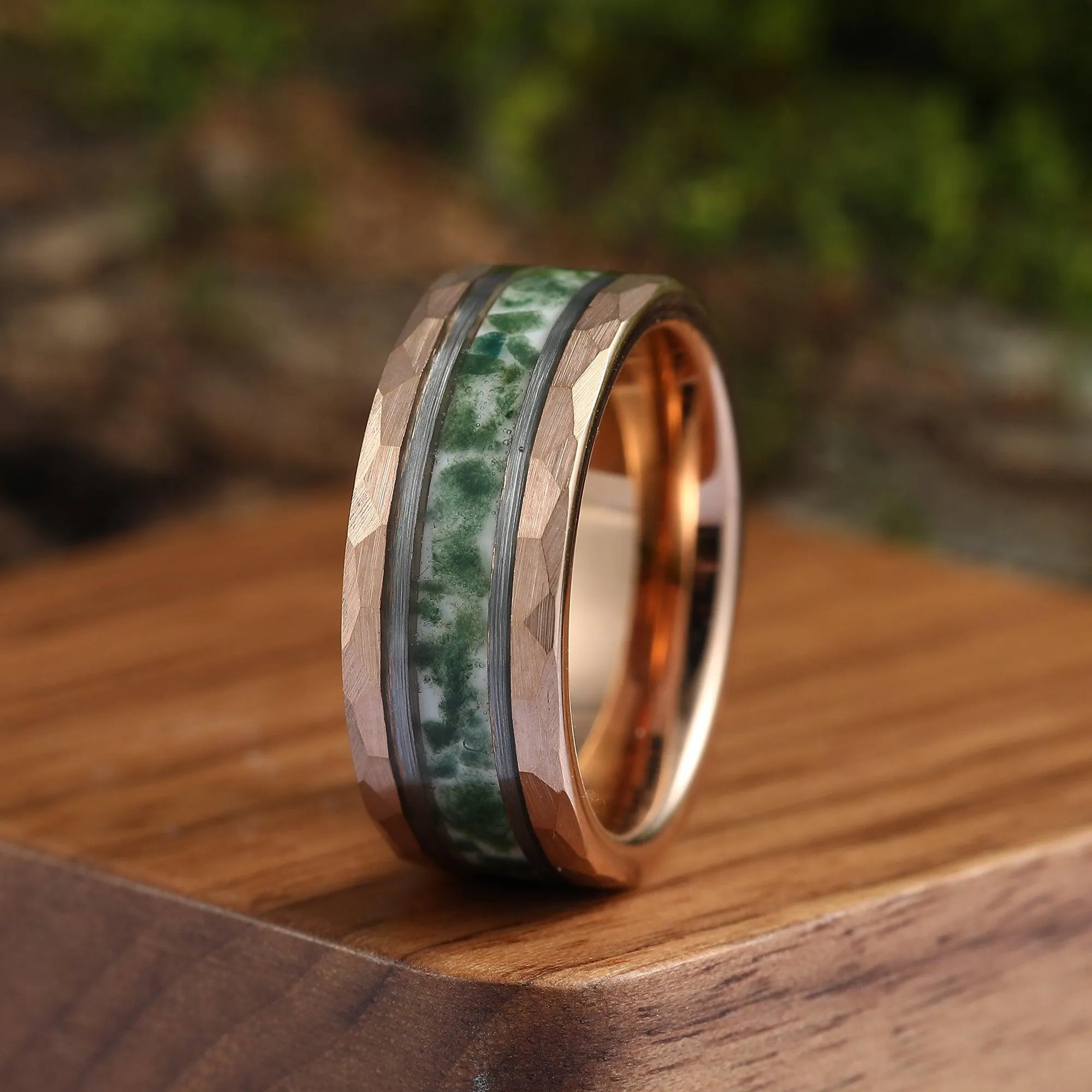 Hexagon Green Moss Agate Couples Ring Set His and Hers Wedding Band Tungsten &Sliver Wedding Gifts