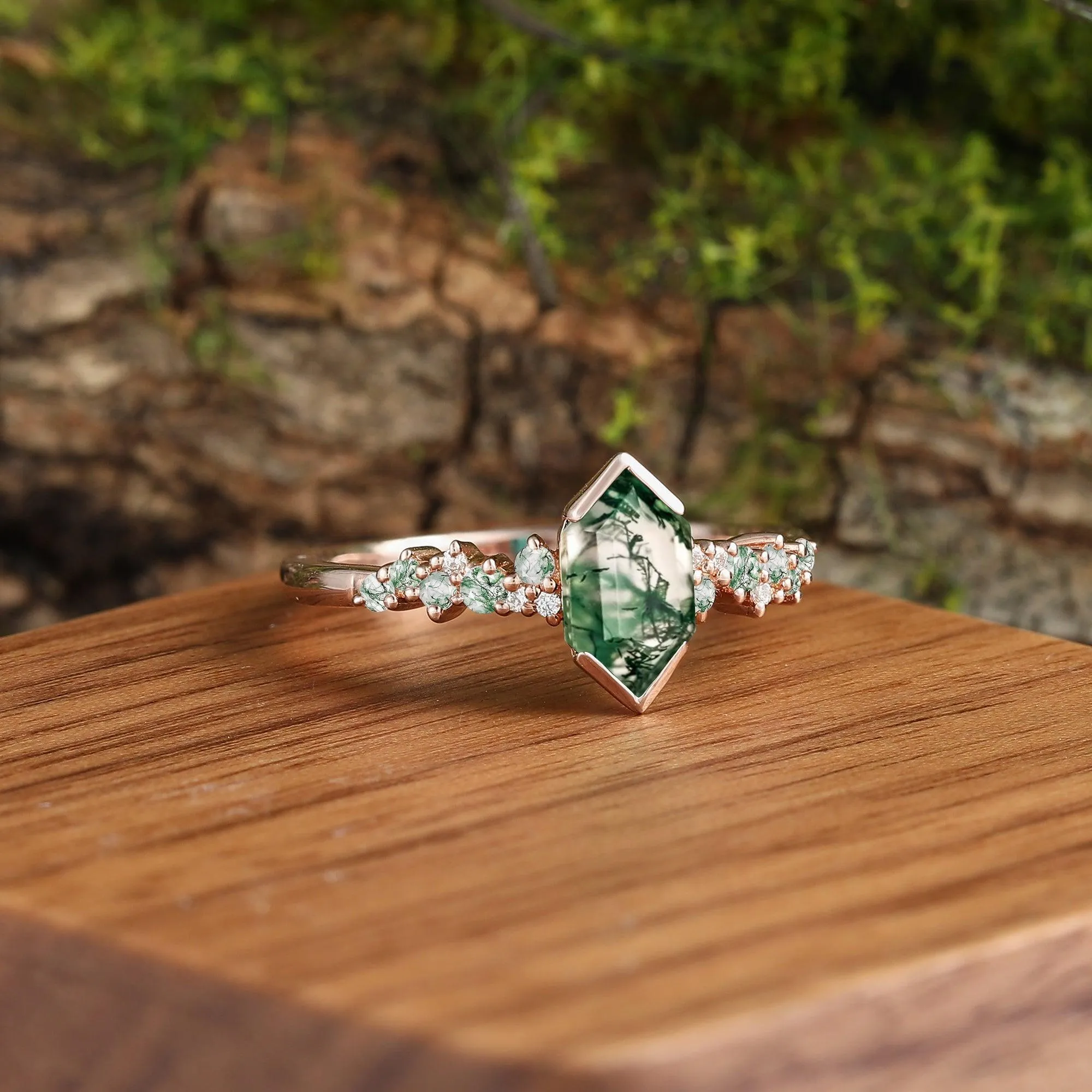 Hexagon Green Moss Agate Couples Ring Set His and Hers Wedding Band Tungsten &Sliver Wedding Gifts