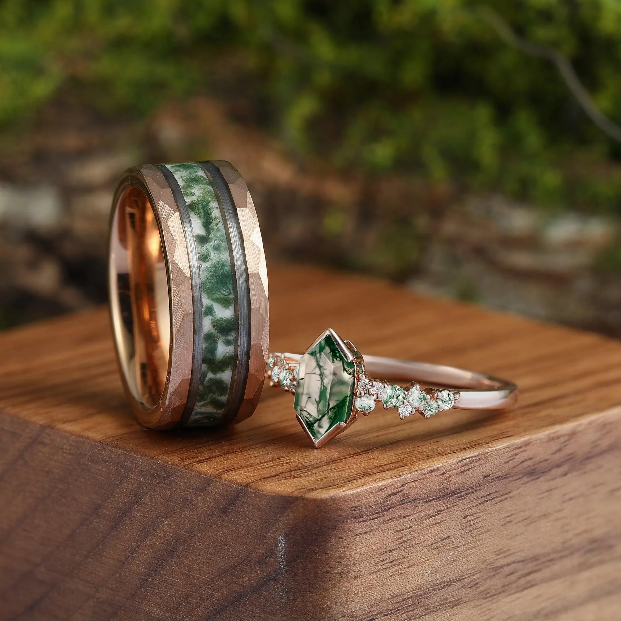 Hexagon Green Moss Agate Couples Ring Set His and Hers Wedding Band Tungsten &Sliver Wedding Gifts