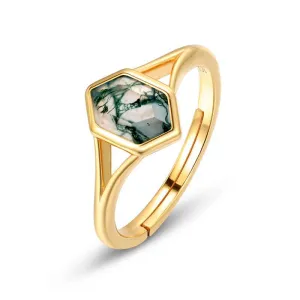 Hexagon Natural Moss Agate Adjustable Rings