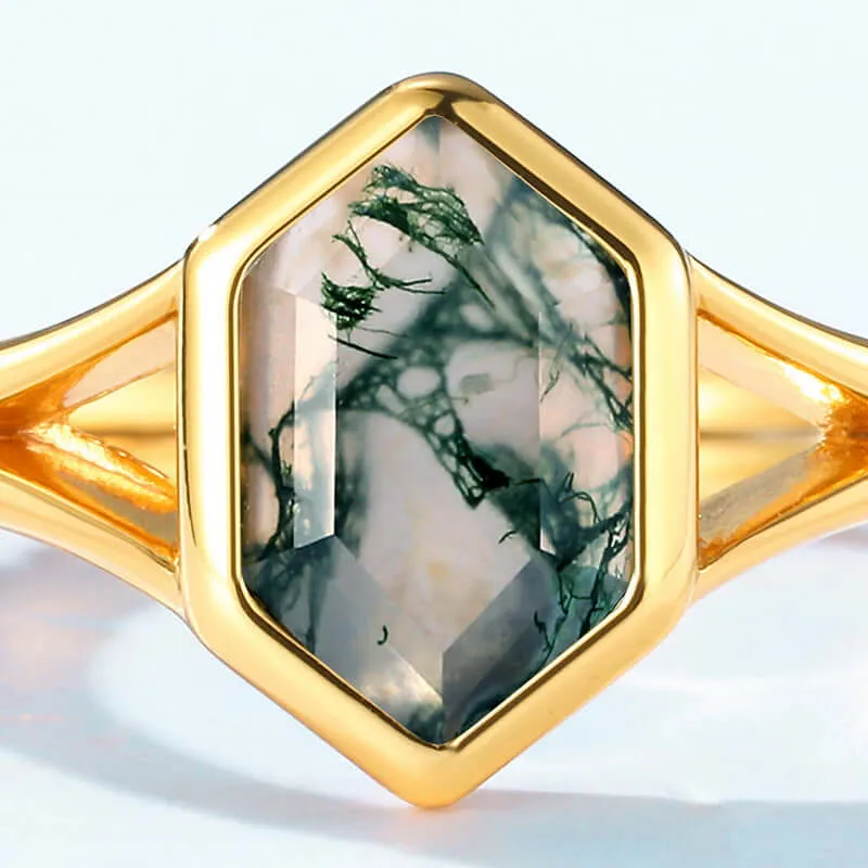 Hexagon Natural Moss Agate Adjustable Rings