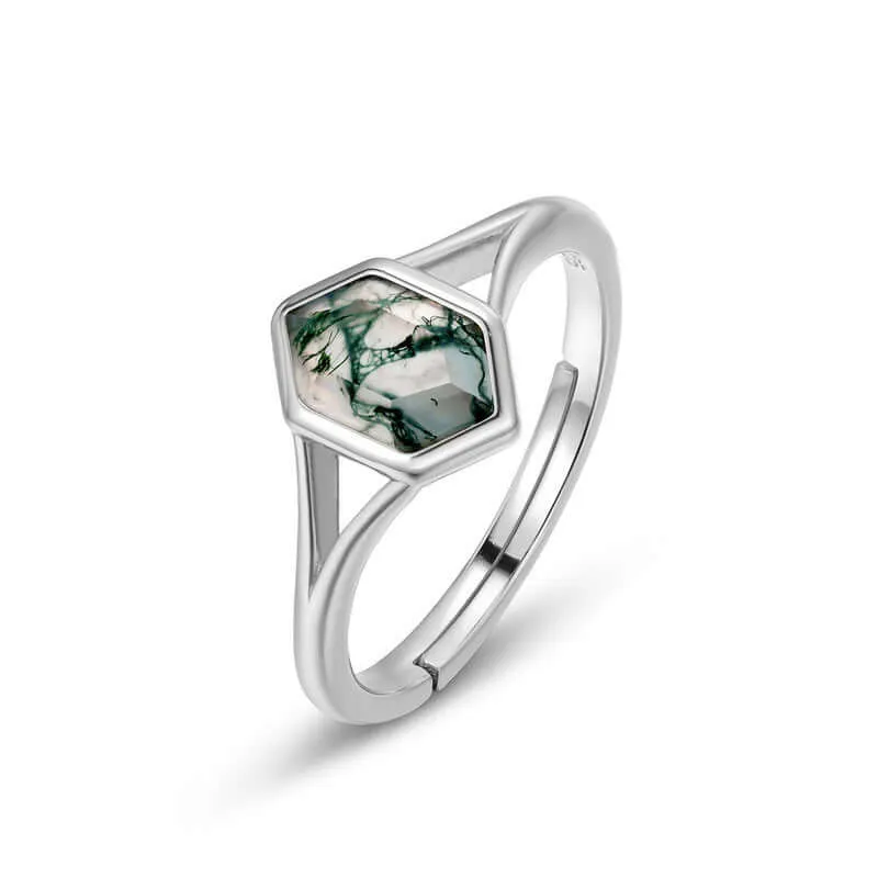 Hexagon Natural Moss Agate Adjustable Rings