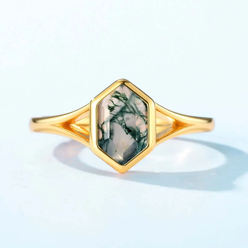 Hexagon Natural Moss Agate Adjustable Rings