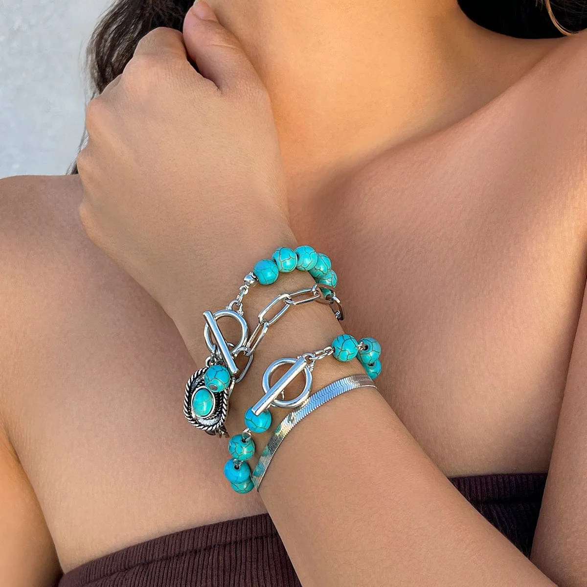 Hippie 4Pcs Toggle Clasp Turquoise Inlaid Cowboy Hat Charm Curb Chain Bracelet Set