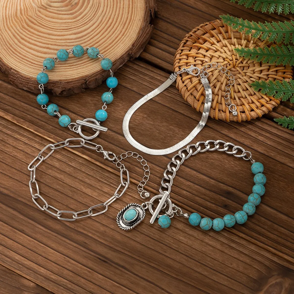 Hippie 4Pcs Toggle Clasp Turquoise Inlaid Cowboy Hat Charm Curb Chain Bracelet Set