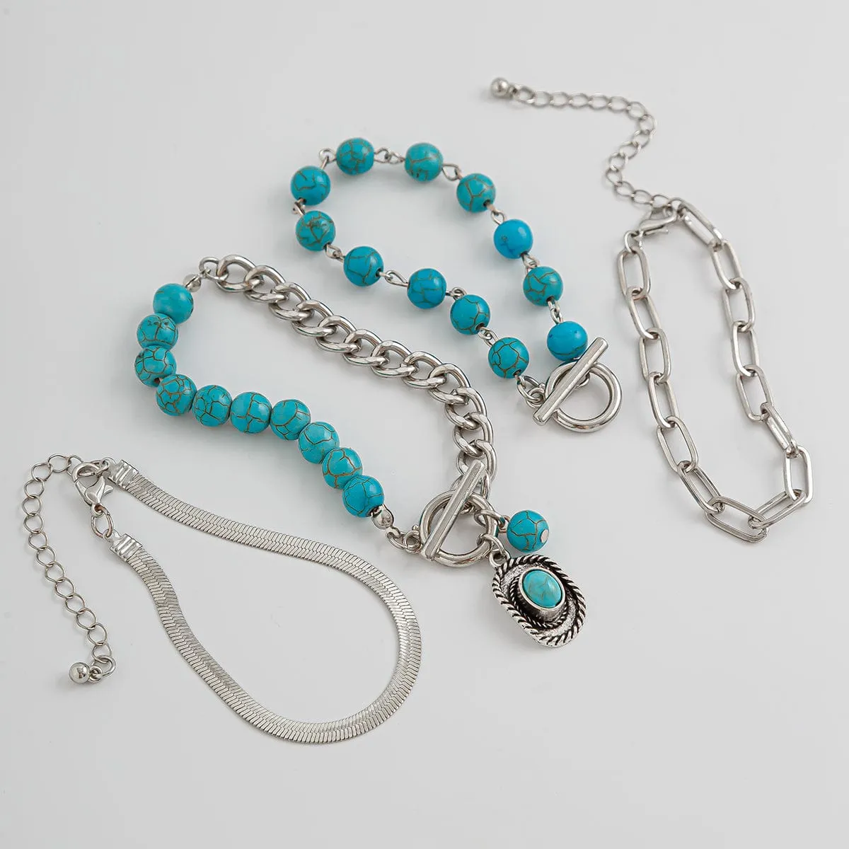 Hippie 4Pcs Toggle Clasp Turquoise Inlaid Cowboy Hat Charm Curb Chain Bracelet Set