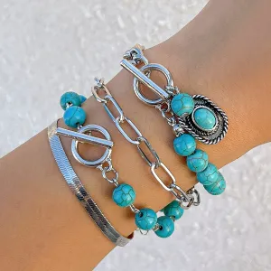 Hippie 4Pcs Toggle Clasp Turquoise Inlaid Cowboy Hat Charm Curb Chain Bracelet Set