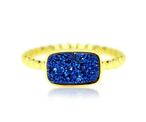 Horizontal Rectangle Blue Druzy 14k Gold Ring