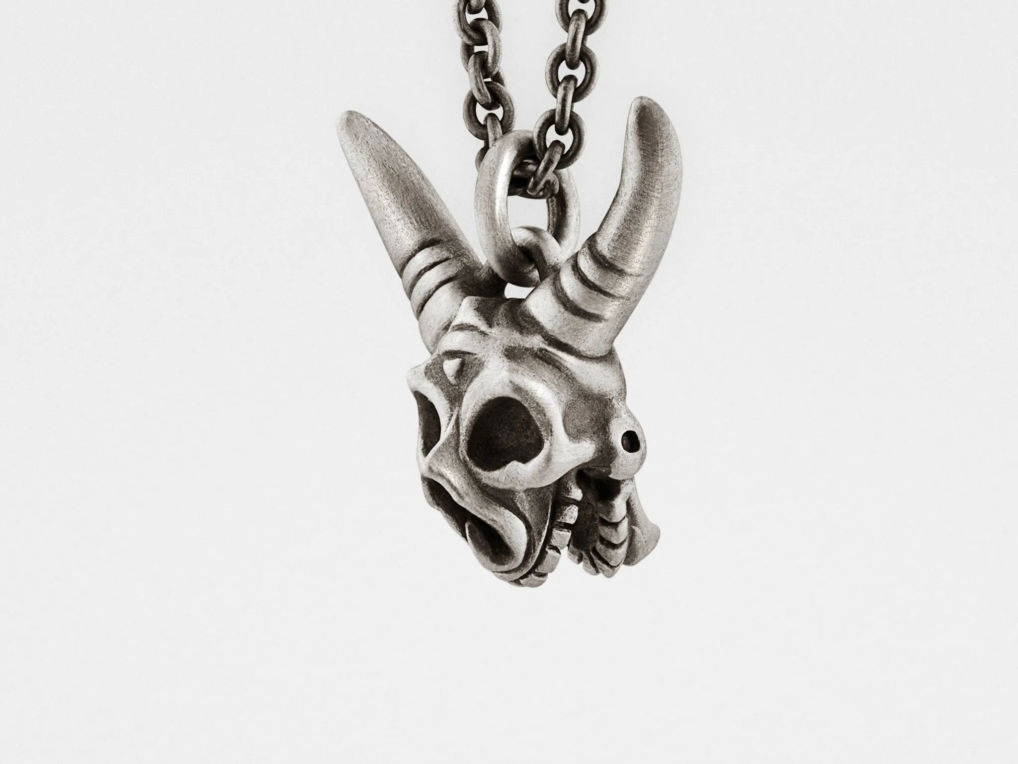 Horned Skull Pendant with Hinged Jaw in Sterling Silver