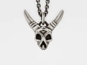 Horned Skull Pendant with Hinged Jaw in Sterling Silver