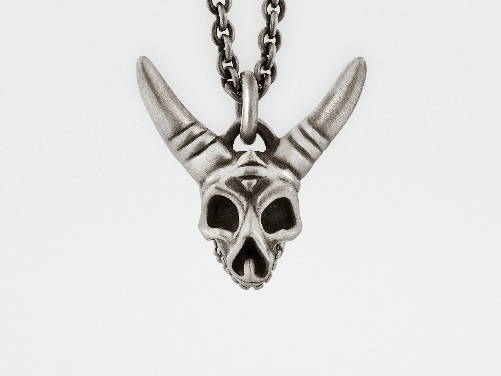 Horned Skull Pendant with Hinged Jaw in Sterling Silver