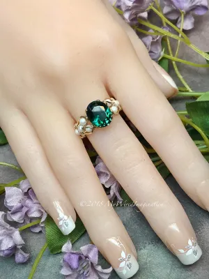 Hydrothermal Green Quartz & Pearl Ring, Dark Emerald Green Handmade Ring, Made to Order