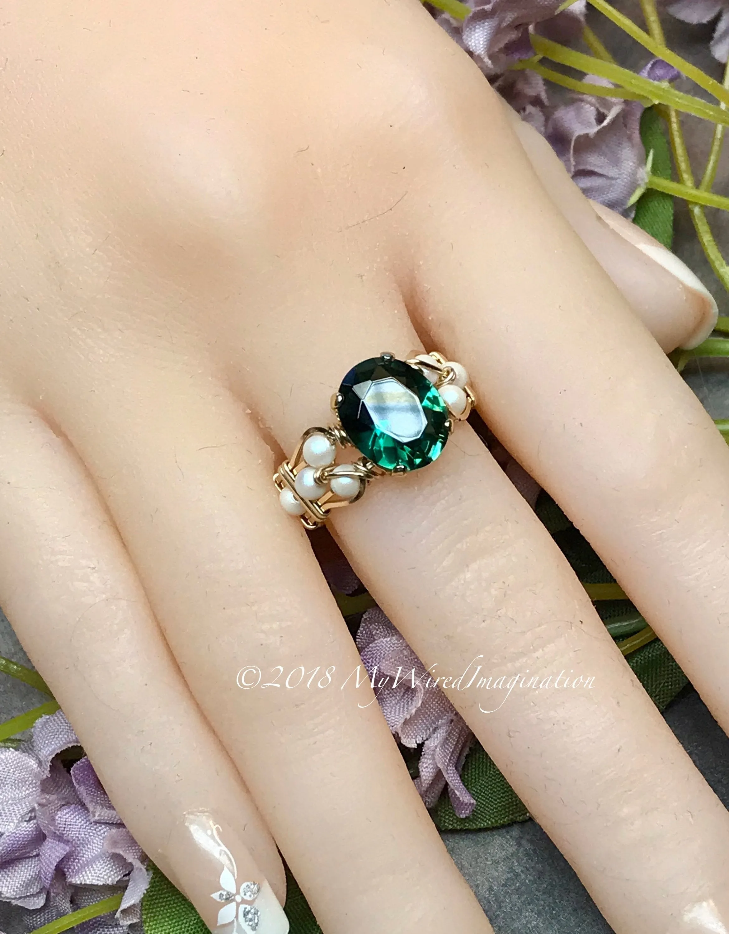 Hydrothermal Green Quartz & Pearl Ring, Dark Emerald Green Handmade Ring, Made to Order