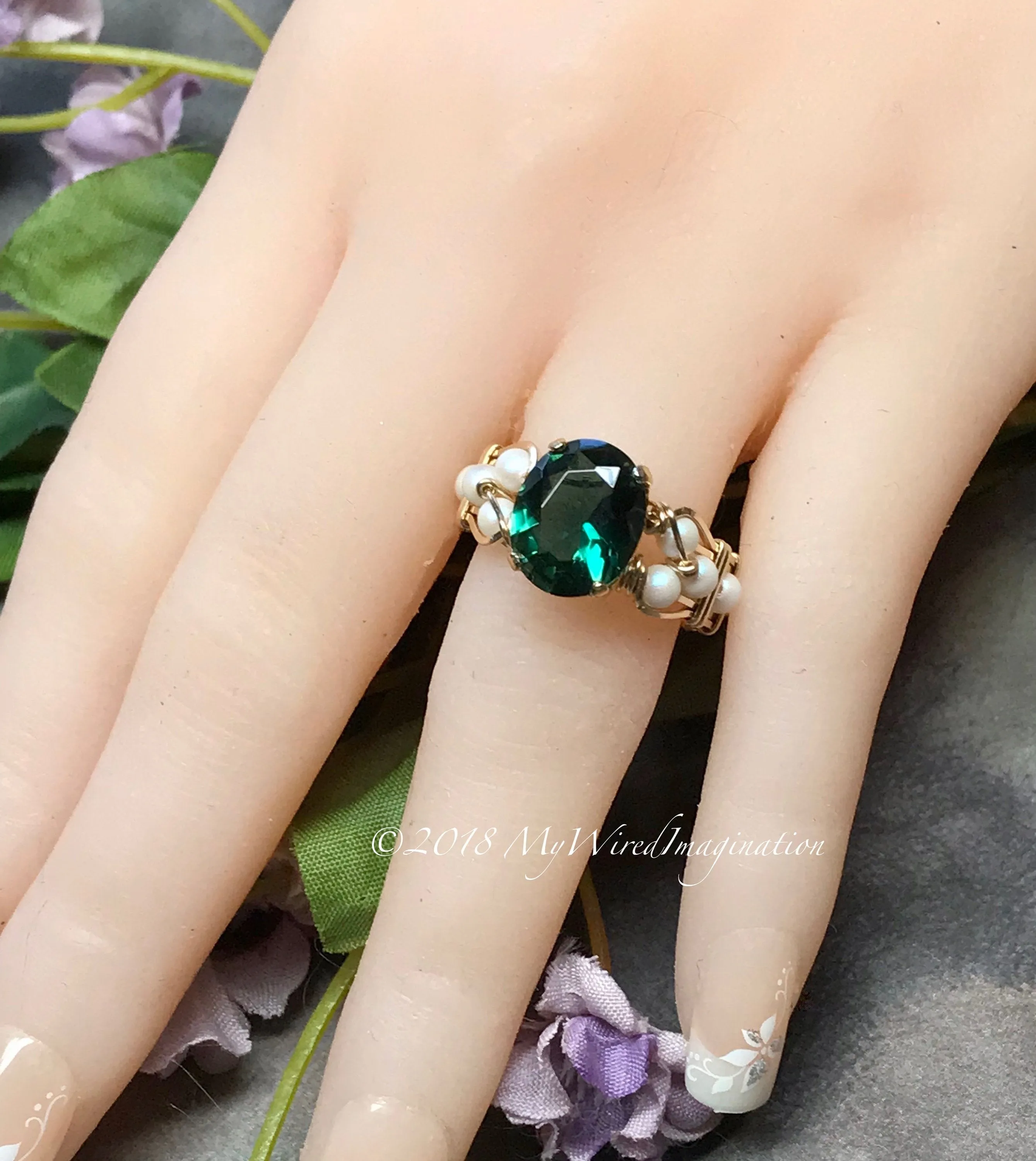 Hydrothermal Green Quartz & Pearl Ring, Dark Emerald Green Handmade Ring, Made to Order