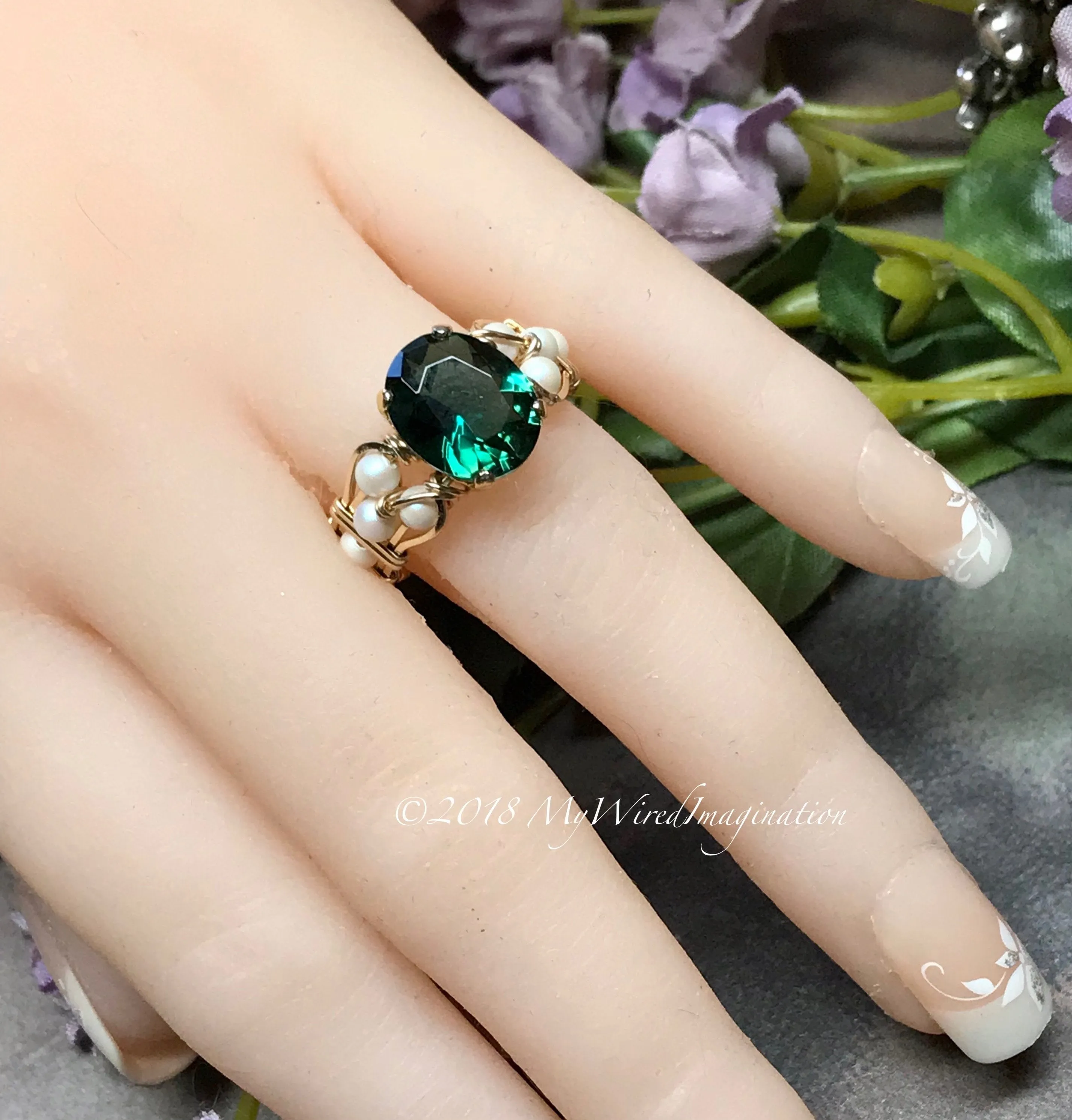 Hydrothermal Green Quartz & Pearl Ring, Dark Emerald Green Handmade Ring, Made to Order