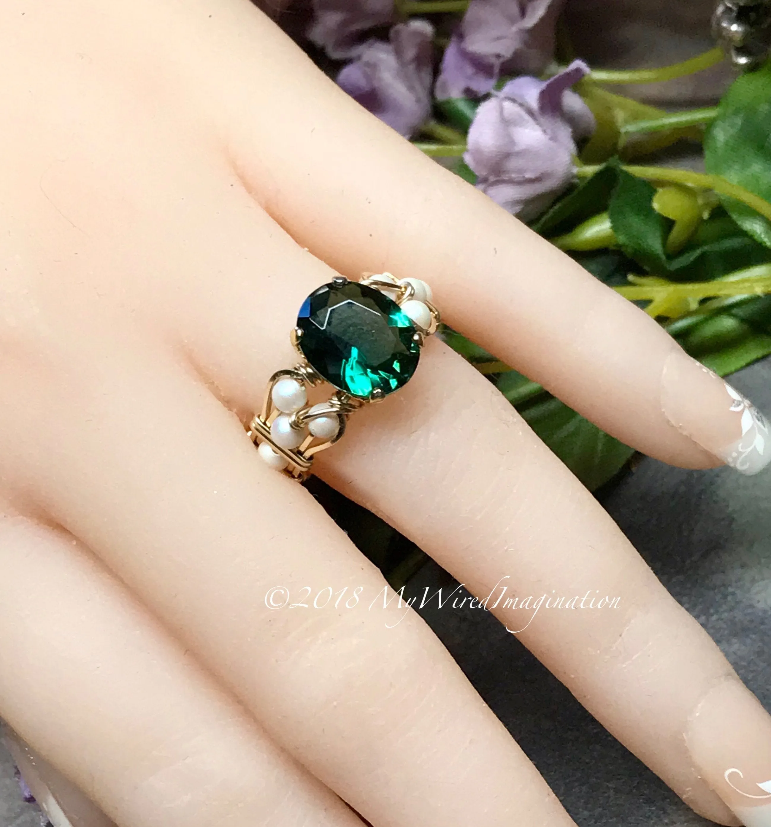 Hydrothermal Green Quartz & Pearl Ring, Dark Emerald Green Handmade Ring, Made to Order