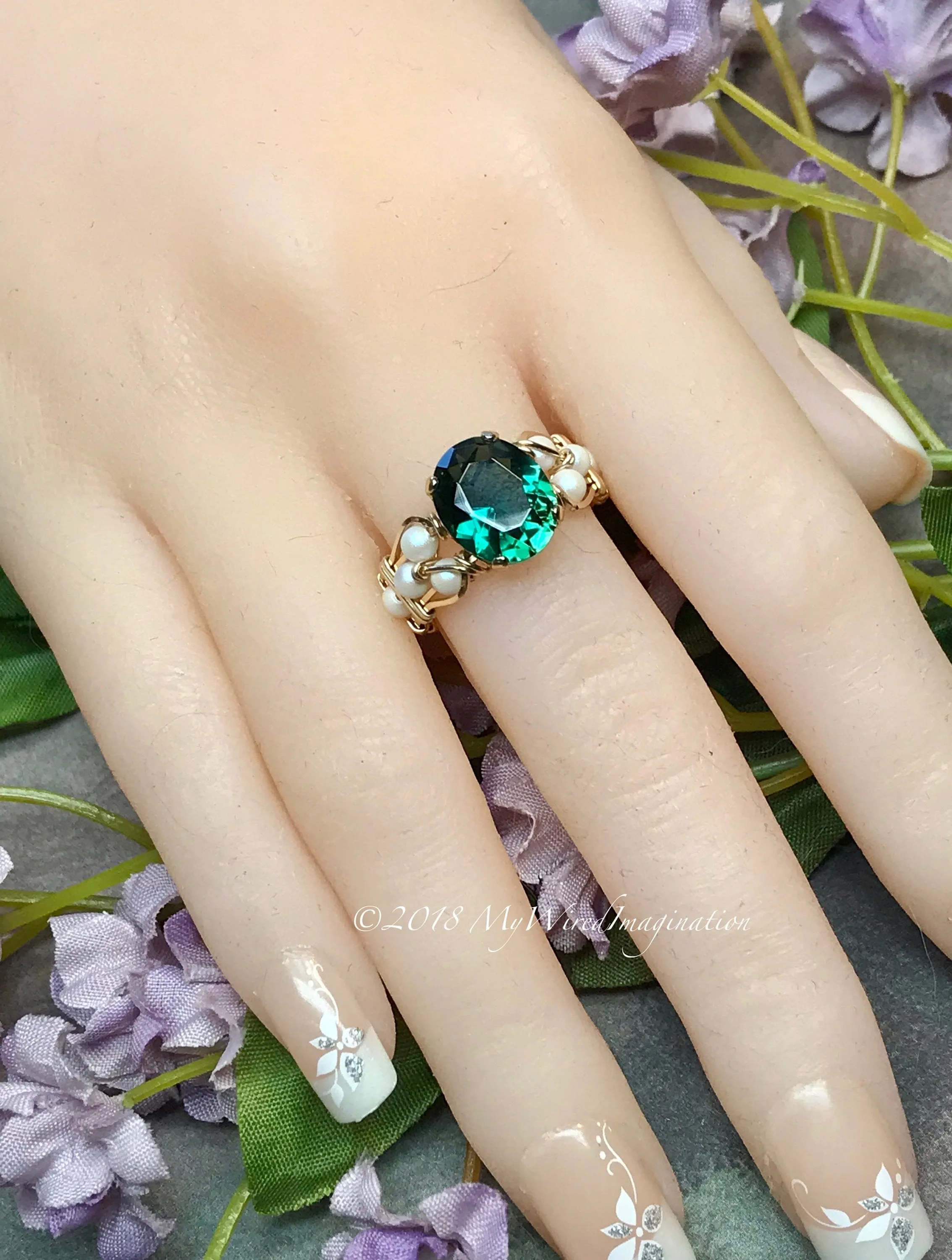 Hydrothermal Green Quartz & Pearl Ring, Dark Emerald Green Handmade Ring, Made to Order