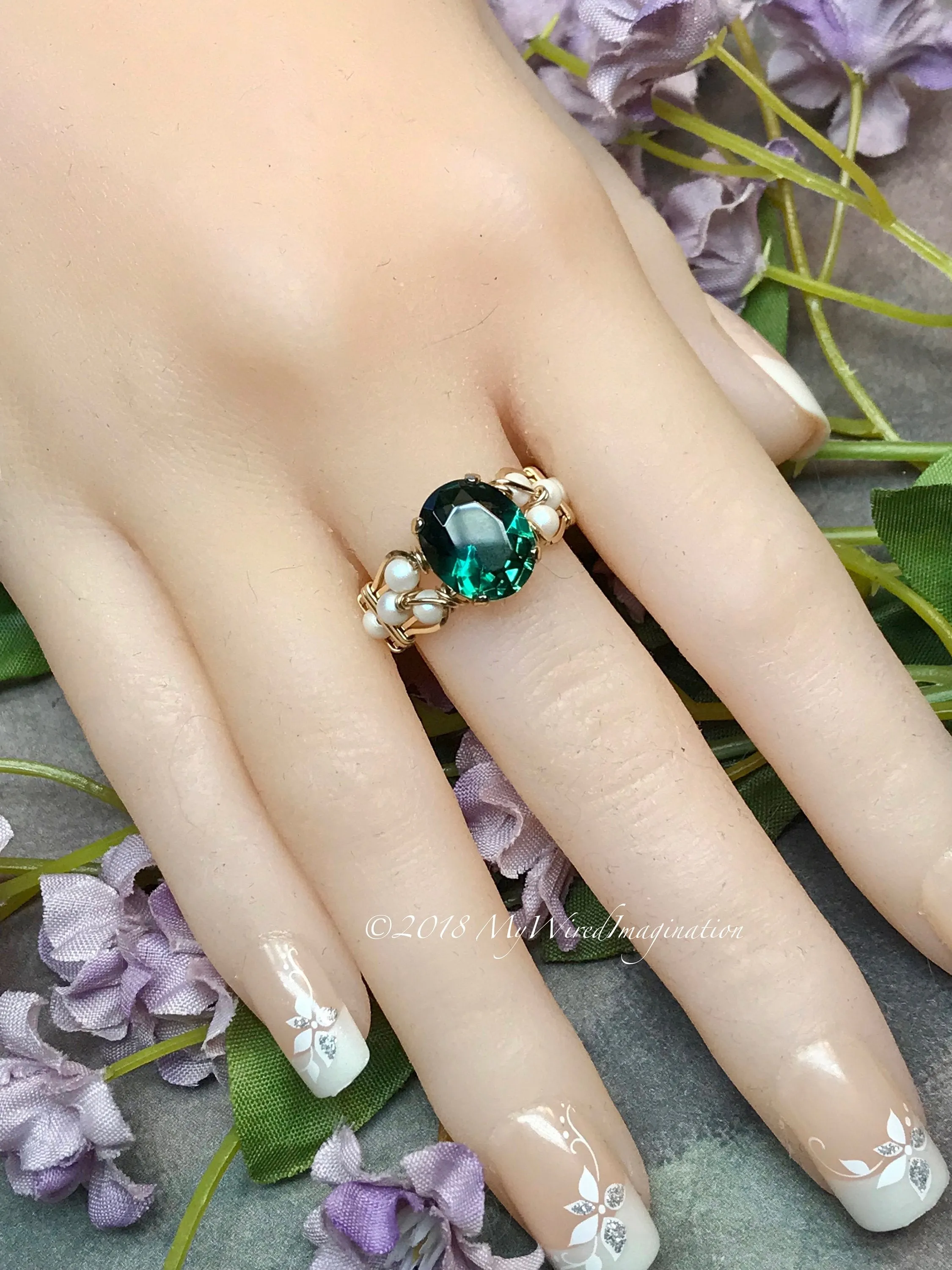 Hydrothermal Green Quartz & Pearl Ring, Dark Emerald Green Handmade Ring, Made to Order