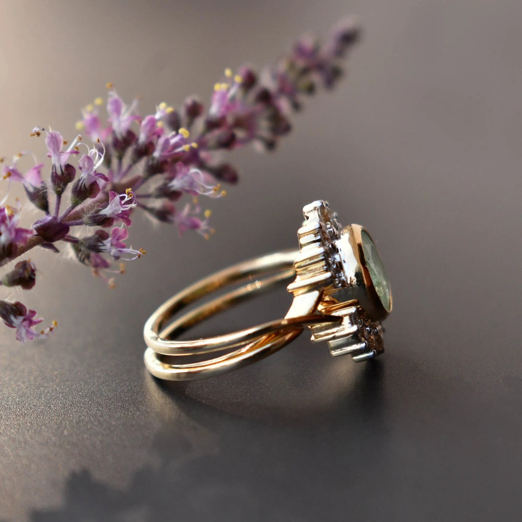 INTERLOCKING Green Quartz & Diamond Crossover Ring Set