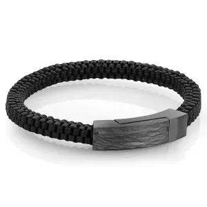 Italgem Square Black Leather and Stainless Steel Gunmetal Plated Hammered Print Clasp Bracelet