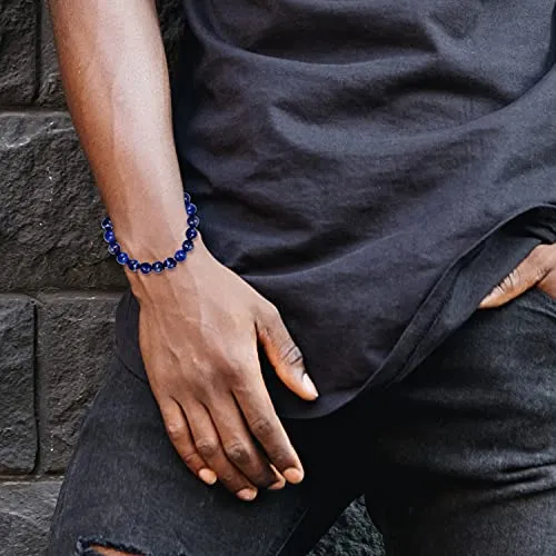 King Baby .925 Sterling Silver & Natural Stone 10mm Unisex Beaded Bracelet with Signature Crown Toggle Clasp - Blue Lapis Lazuli, 8-3/4"