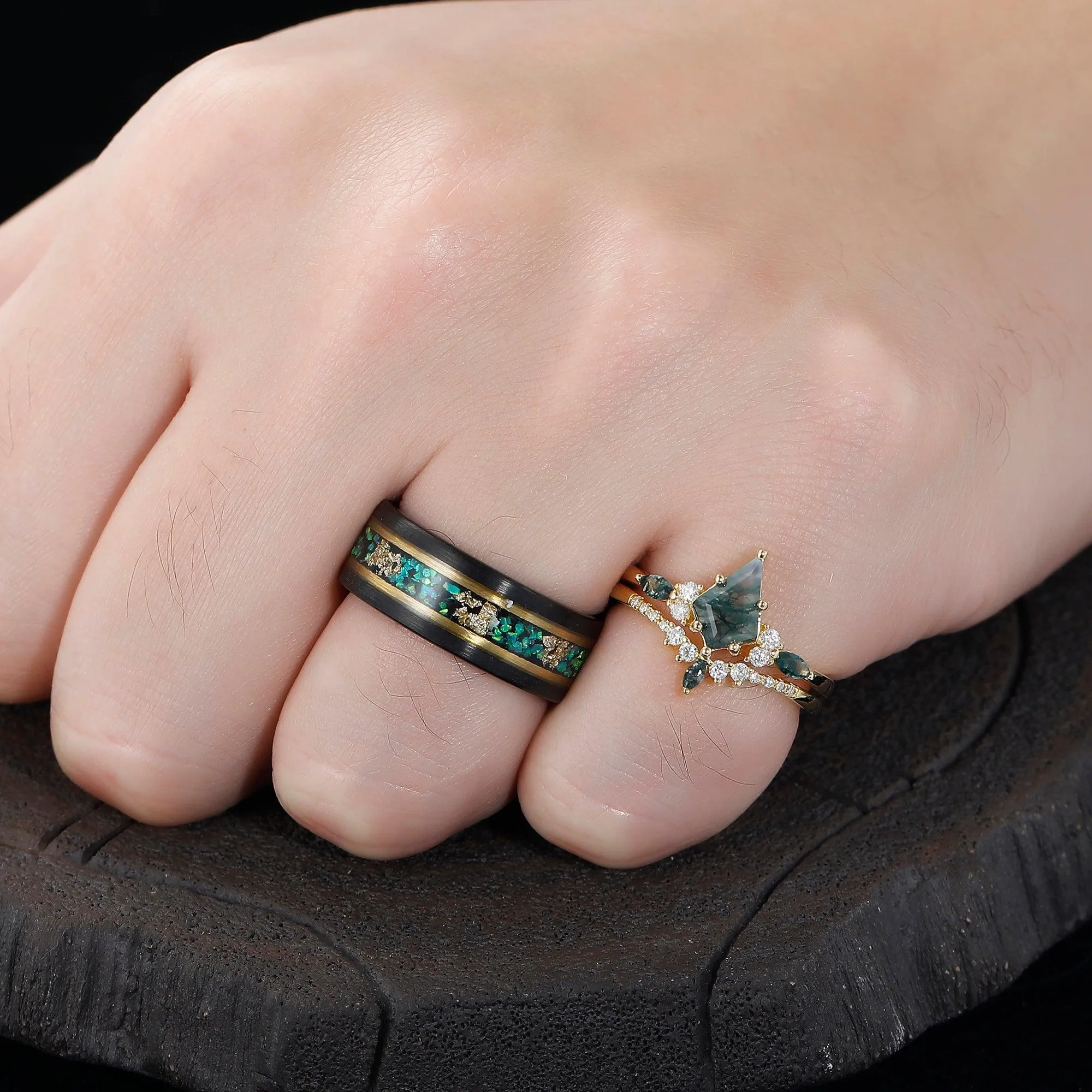 Kite Green Moss Agate His and Hers Wedding Band Unique Tungsten Couples Ring Set