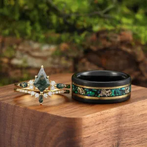 Kite Green Moss Agate His and Hers Wedding Band Unique Tungsten Couples Ring Set