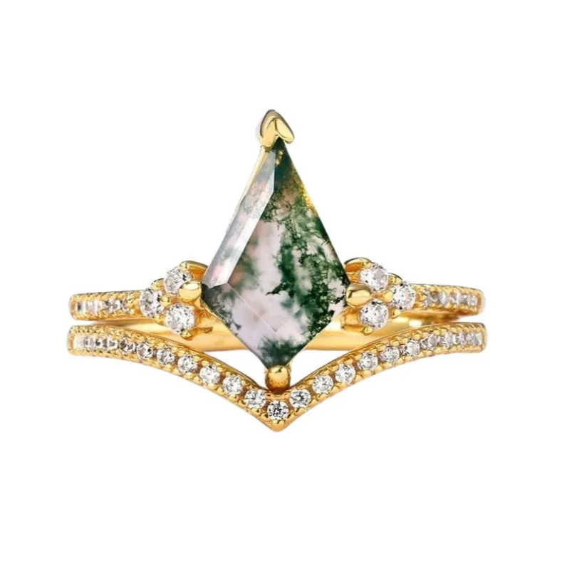 Kite Shaped Natural Moss Agate Promise Ring Set