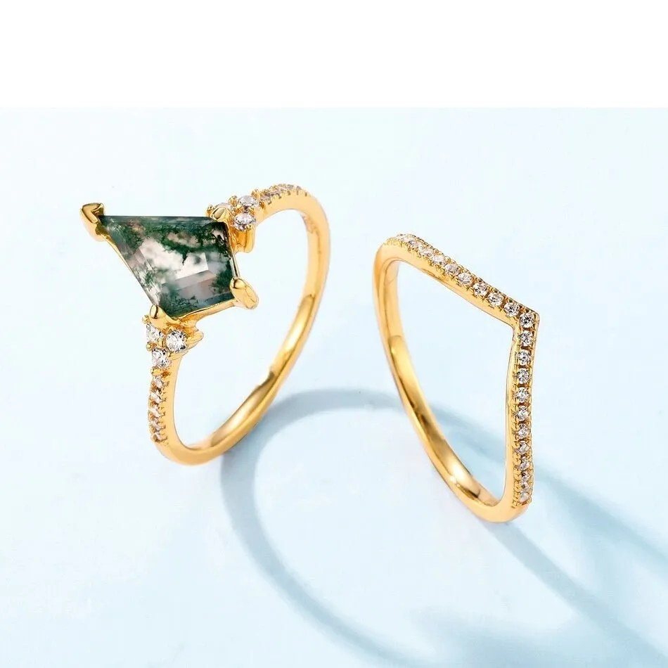 Kite Shaped Natural Moss Agate Promise Ring Set