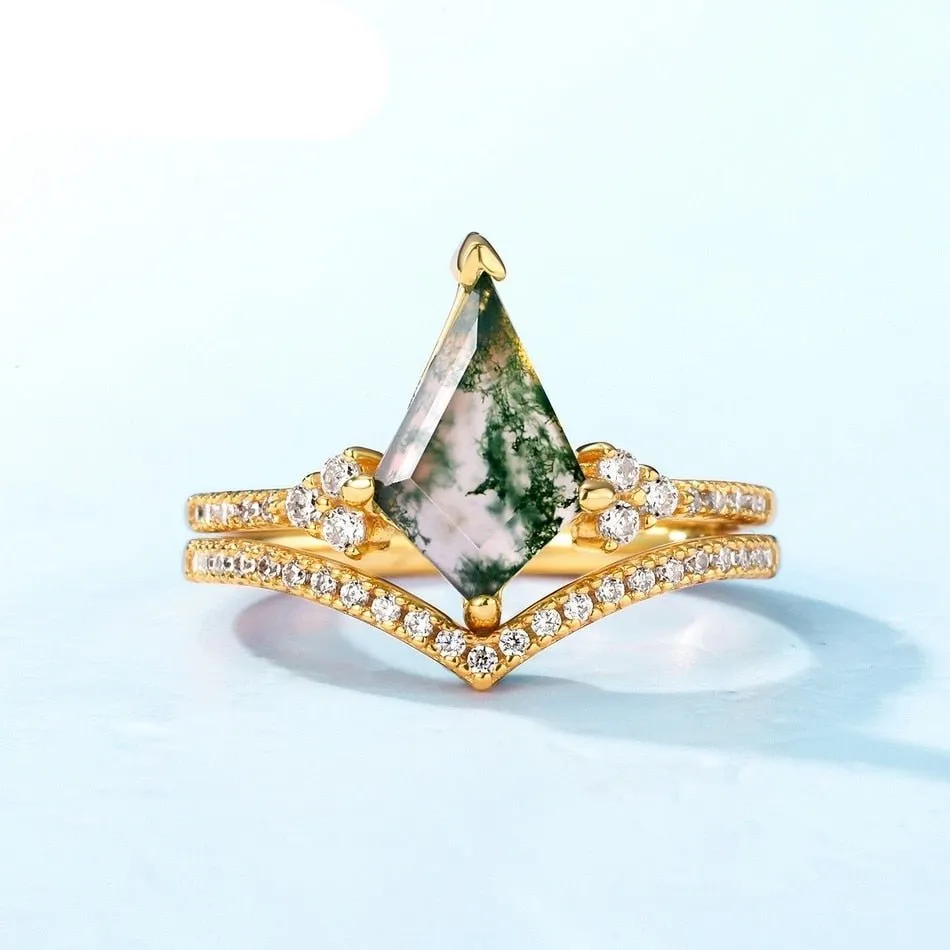 Kite Shaped Natural Moss Agate Promise Ring Set