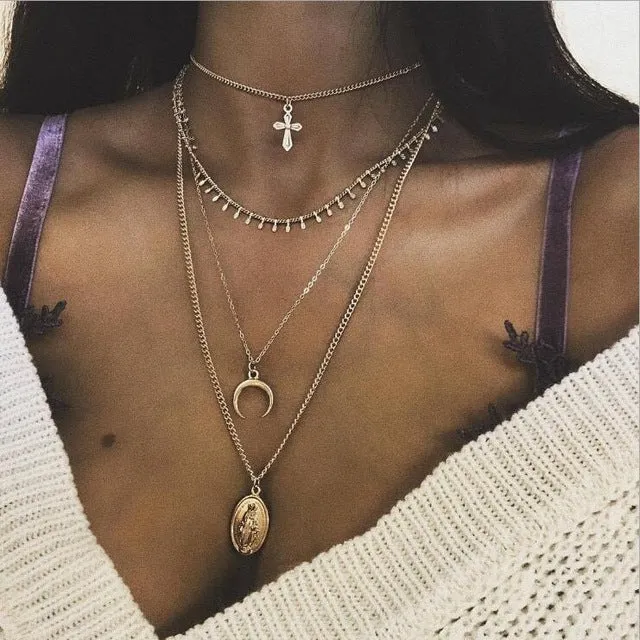 KMVEXO 2018 New Vintage Silver Metal OM Elephant Moon Pendant Choker Collar Necklace Women Boho Multilayers Chocker Necklaces