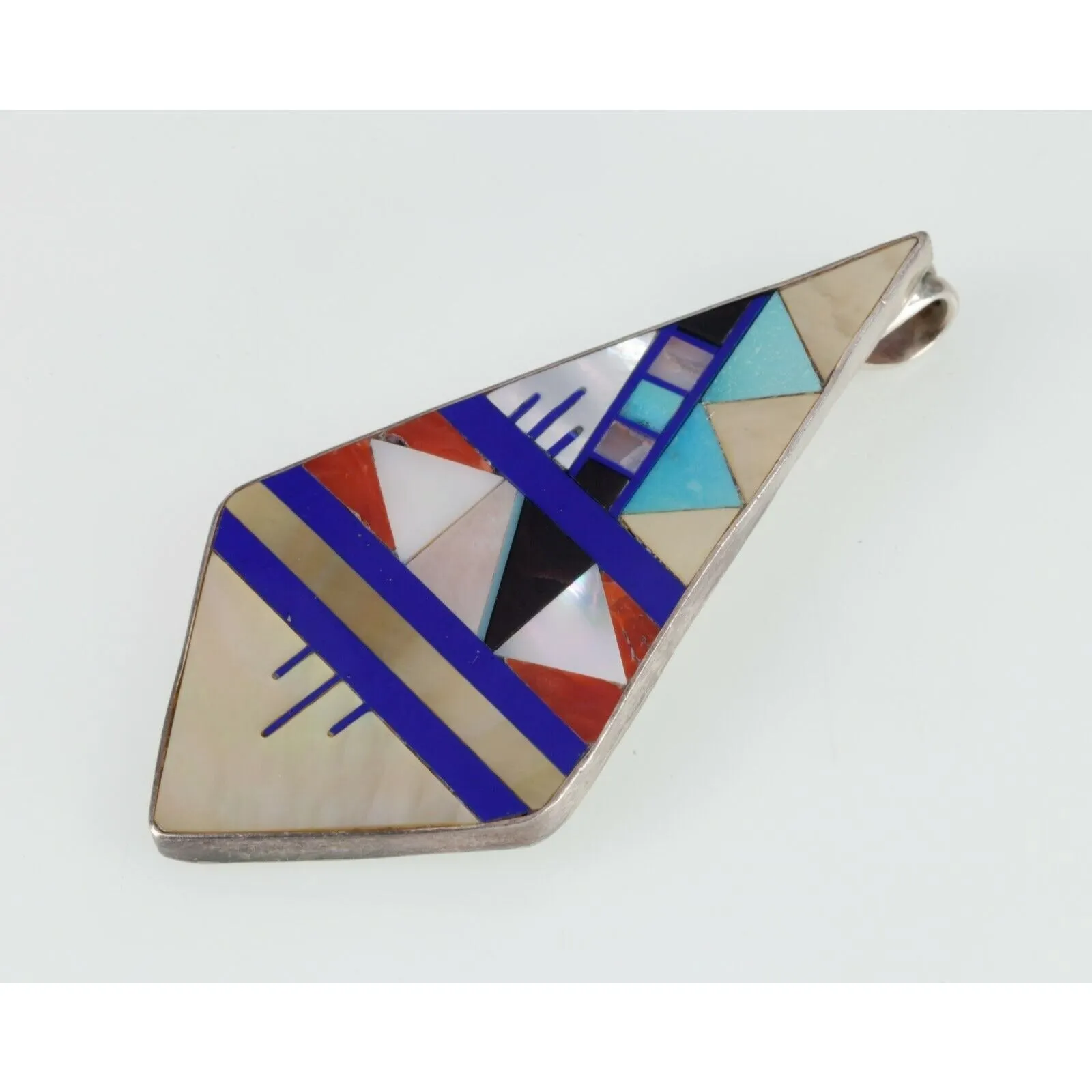L. Lonjose zuni Sterling & gemstone inlay Kite Shape pendant 9.3gr