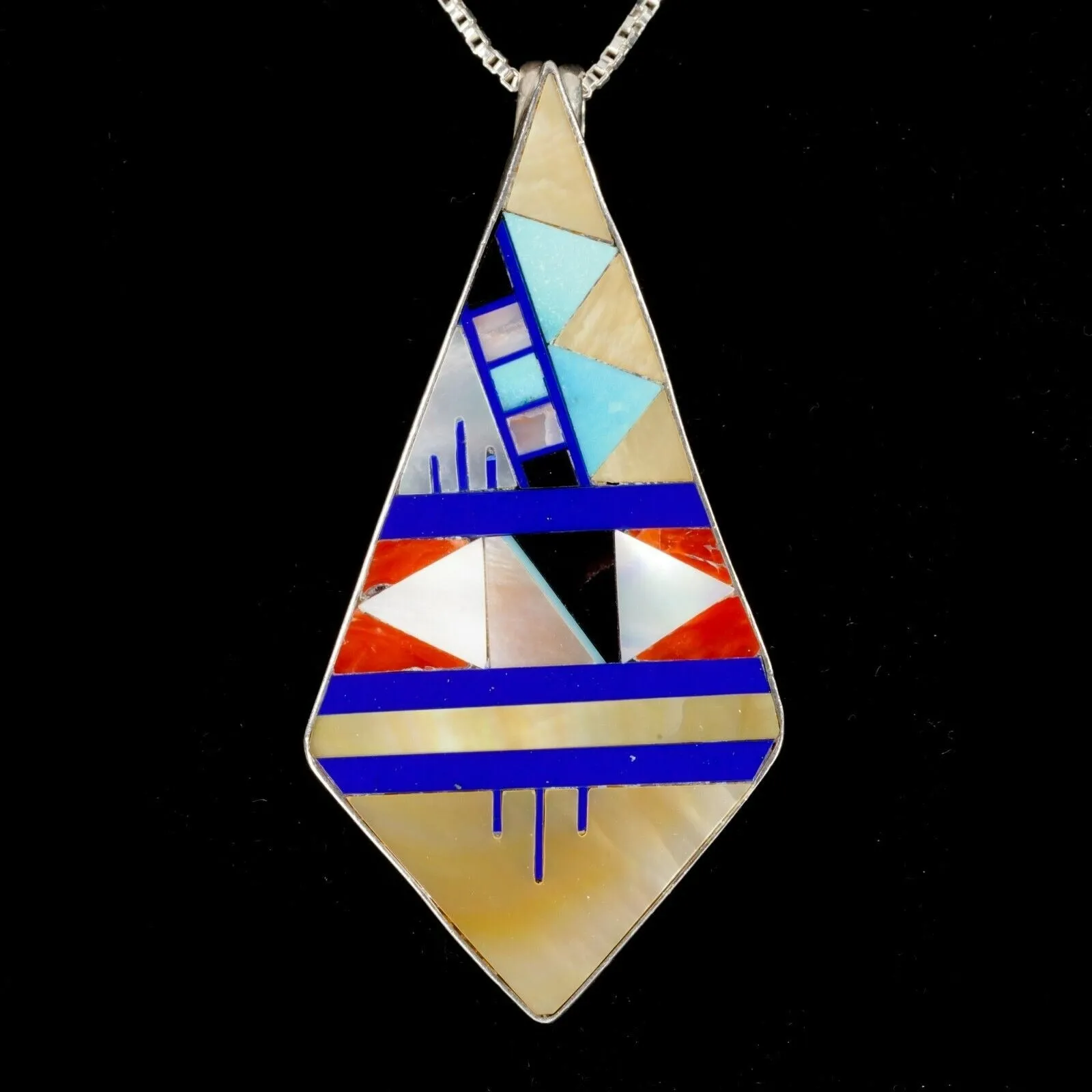 L. Lonjose zuni Sterling & gemstone inlay Kite Shape pendant 9.3gr