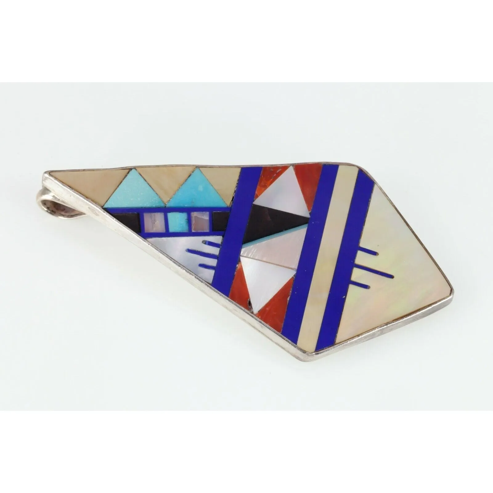 L. Lonjose zuni Sterling & gemstone inlay Kite Shape pendant 9.3gr